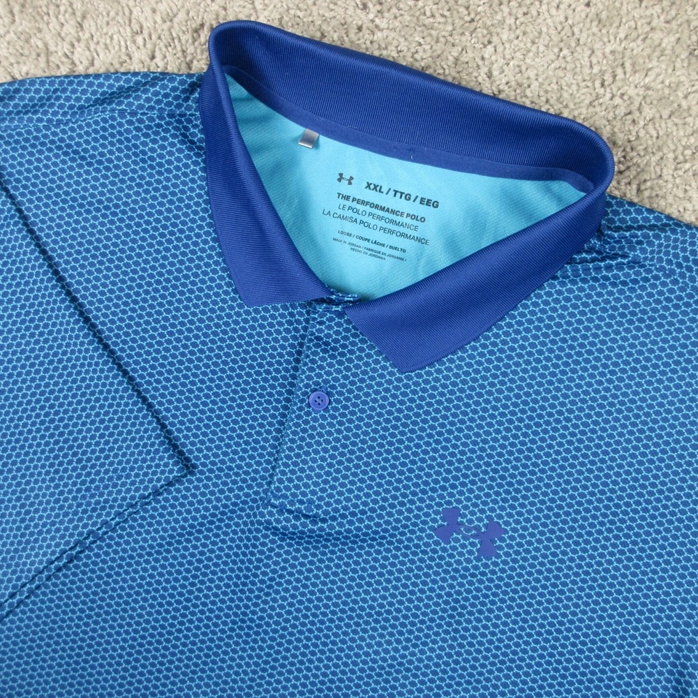 Under Armour Polo Shirt Mens 2XL Blue Geometric UA Golf Performance Wicking